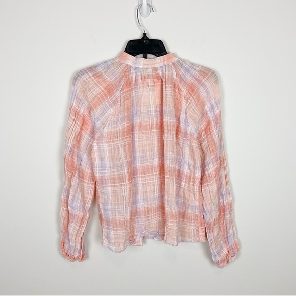 Bella Dahl Long Sleeve Shirred Raglan Shirt in Coral Plaid S NWT - Picture 5 of 9